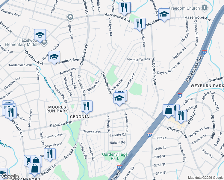 map of restaurants, bars, coffee shops, grocery stores, and more near 5601 Leiden Road in Baltimore