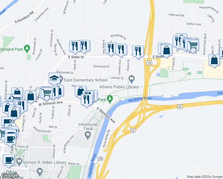 map of restaurants, bars, coffee shops, grocery stores, and more near in Athens