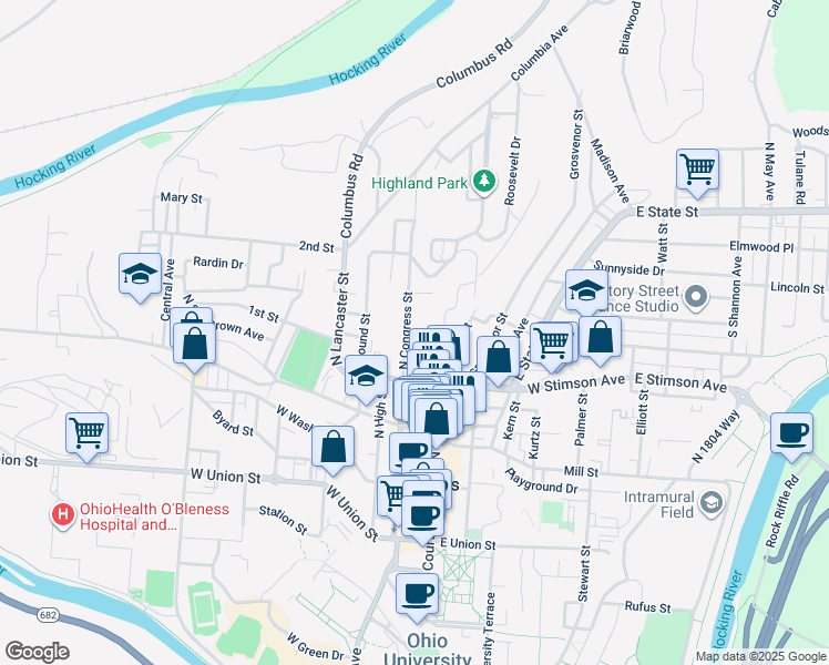 map of restaurants, bars, coffee shops, grocery stores, and more near 131 North Congress Street in Athens