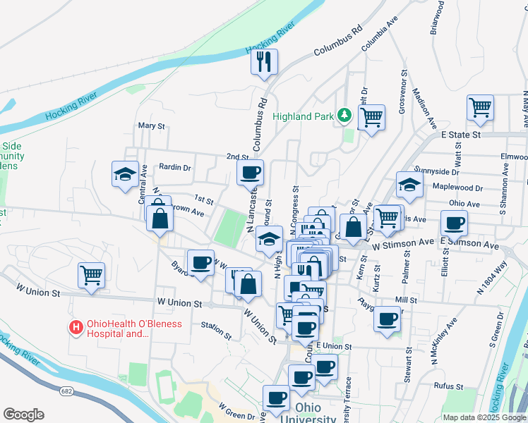 map of restaurants, bars, coffee shops, grocery stores, and more near 45 Mound Street in Athens