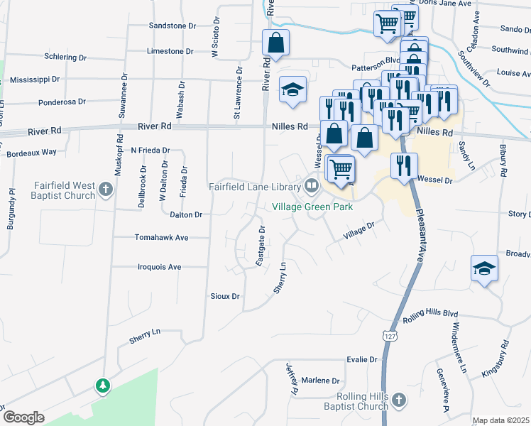 map of restaurants, bars, coffee shops, grocery stores, and more near 5326 Southgate Boulevard in Fairfield