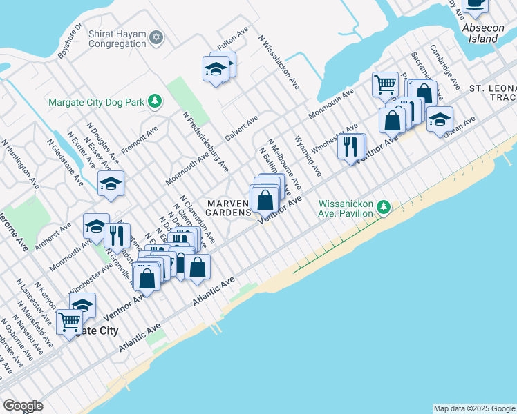 map of restaurants, bars, coffee shops, grocery stores, and more near 8 North Martindale Avenue in Ventnor City