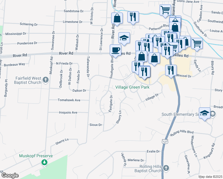 map of restaurants, bars, coffee shops, grocery stores, and more near 5346 Southgate Boulevard in Fairfield