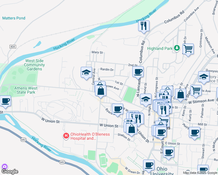 map of restaurants, bars, coffee shops, grocery stores, and more near 28 1st Street in Athens