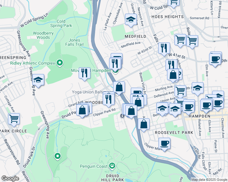 map of restaurants, bars, coffee shops, grocery stores, and more near 1760 Union Avenue in Baltimore