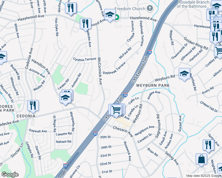 map of restaurants, bars, coffee shops, grocery stores, and more near 8143 Bartholomew Court in Baltimore