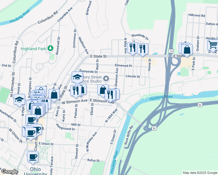 map of restaurants, bars, coffee shops, grocery stores, and more near 103 Maplewood Drive in Athens