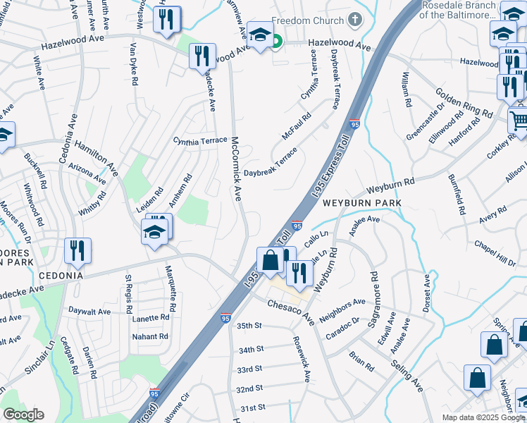 map of restaurants, bars, coffee shops, grocery stores, and more near 8143 Bartholomew Court in Baltimore