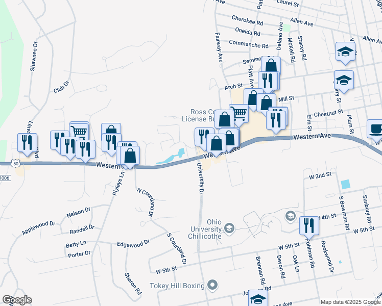 map of restaurants, bars, coffee shops, grocery stores, and more near 807 Western Avenue in Chillicothe