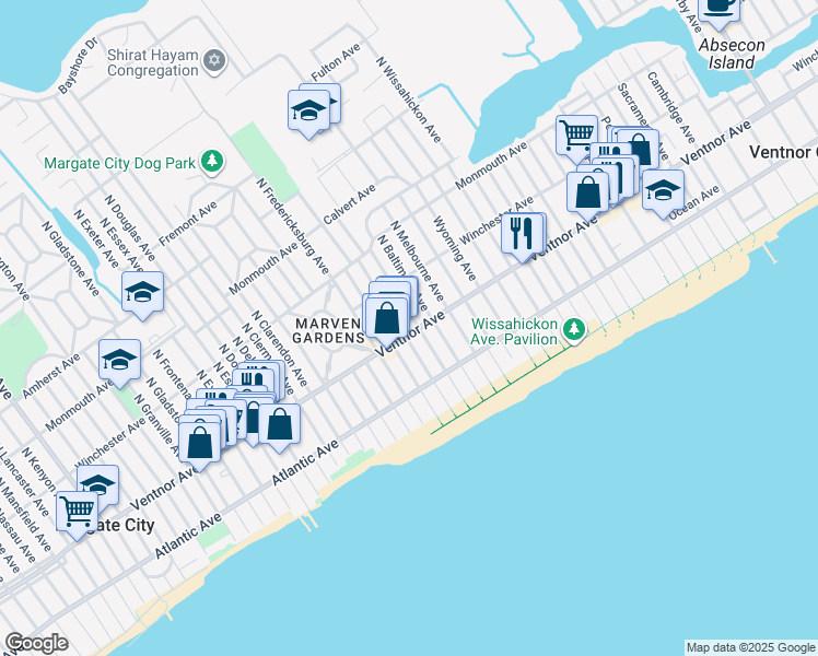 map of restaurants, bars, coffee shops, grocery stores, and more near 7 North Swarthmore Avenue in Ventnor City