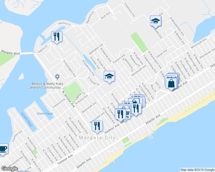 map of restaurants, bars, coffee shops, grocery stores, and more near 7804 Amherst Avenue in Margate City