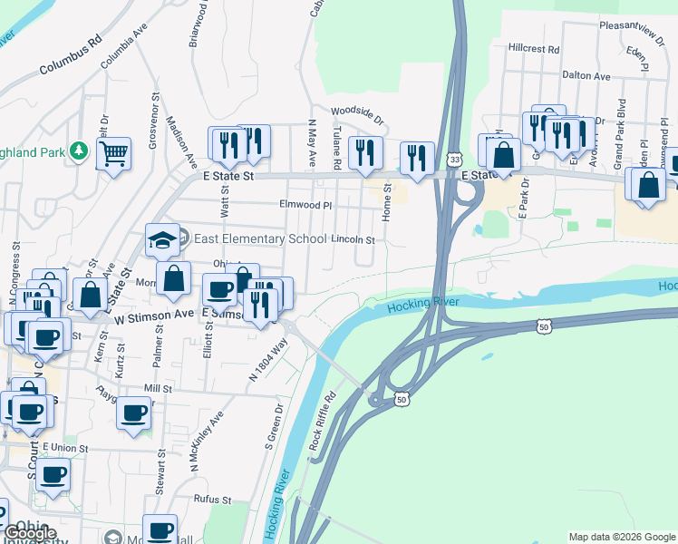 map of restaurants, bars, coffee shops, grocery stores, and more near 81 Hudson Avenue in Athens