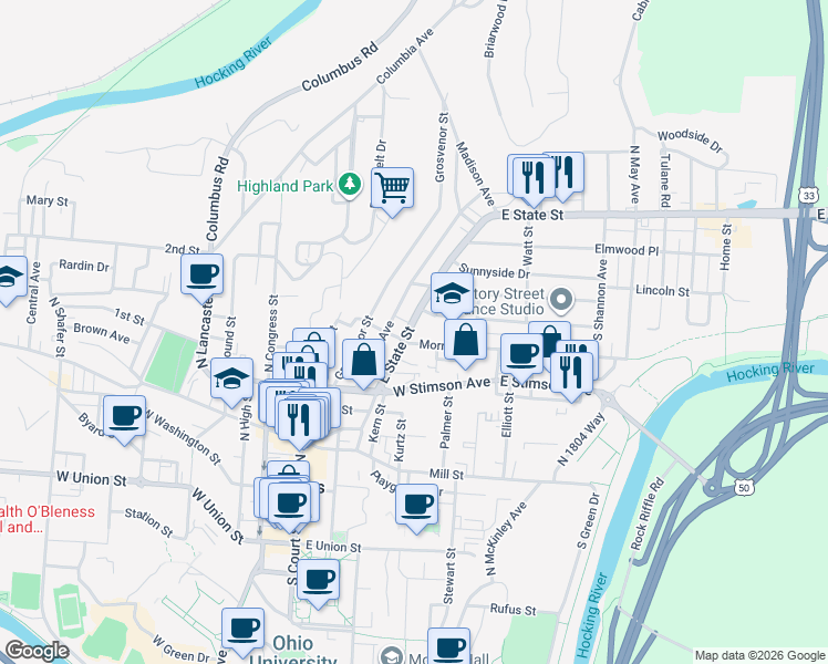 map of restaurants, bars, coffee shops, grocery stores, and more near 165 East State Street in Athens