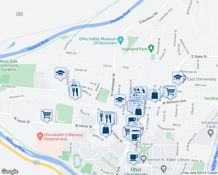 map of restaurants, bars, coffee shops, grocery stores, and more near 91N North Lancaster Street in Athens