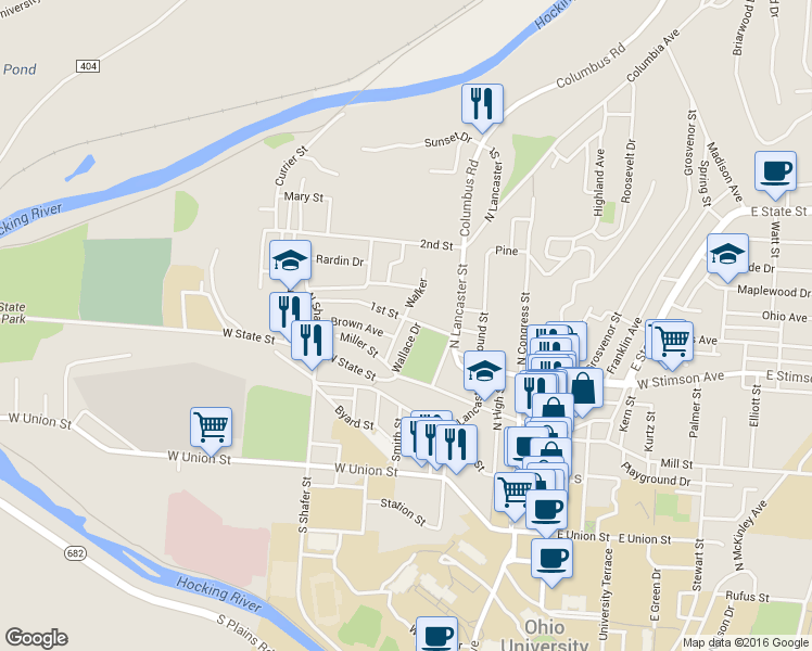 map of restaurants, bars, coffee shops, grocery stores, and more near 39 Walker in Athens