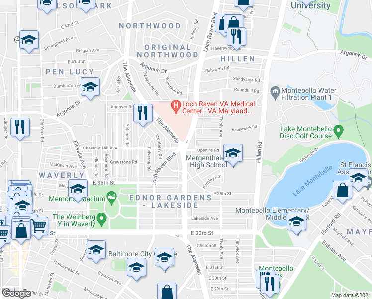 map of restaurants, bars, coffee shops, grocery stores, and more near Loch Raven Blvd & Upshire Rd in Baltimore
