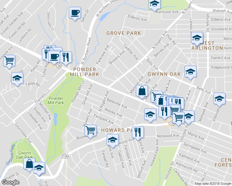 map of restaurants, bars, coffee shops, grocery stores, and more near 5315 Liberty Heights Avenue in Baltimore