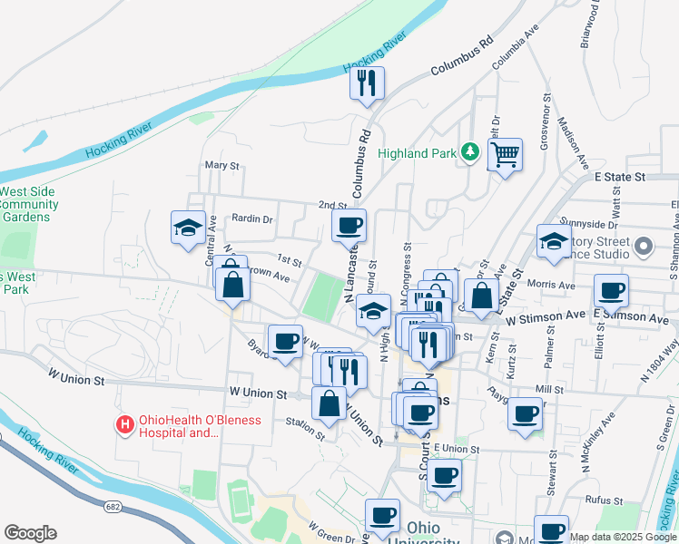 map of restaurants, bars, coffee shops, grocery stores, and more near 91N North Lancaster Street in Athens