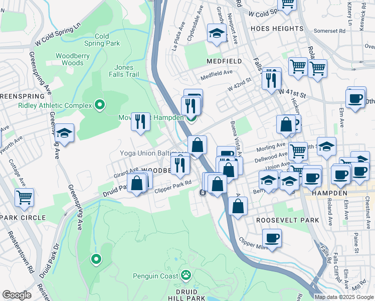 map of restaurants, bars, coffee shops, grocery stores, and more near 1760 Union Avenue in Baltimore