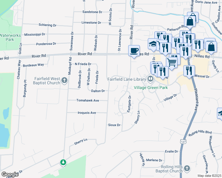 map of restaurants, bars, coffee shops, grocery stores, and more near 5358 Tallawanda Drive in Fairfield