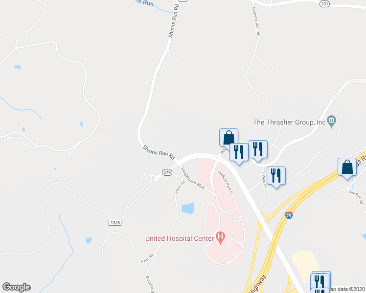 map of restaurants, bars, coffee shops, grocery stores, and more near West Virginia 279 in Bridgeport