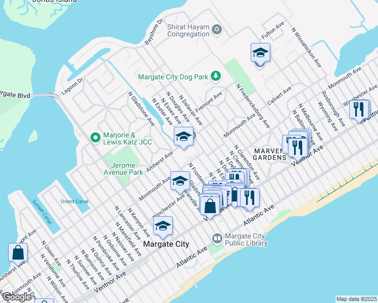 map of restaurants, bars, coffee shops, grocery stores, and more near 7804 Amherst Avenue in Margate City