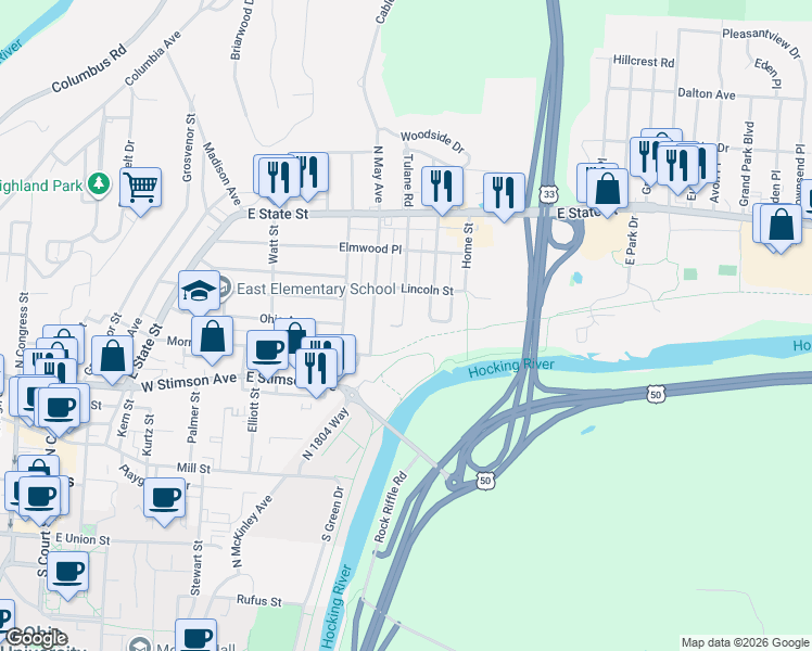 map of restaurants, bars, coffee shops, grocery stores, and more near 81 Hudson Avenue in Athens