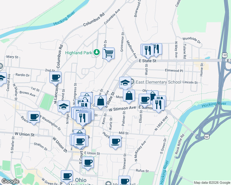 map of restaurants, bars, coffee shops, grocery stores, and more near 165 East State Street in Athens