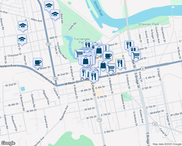 map of restaurants, bars, coffee shops, grocery stores, and more near 20 East 2nd Street in Chillicothe