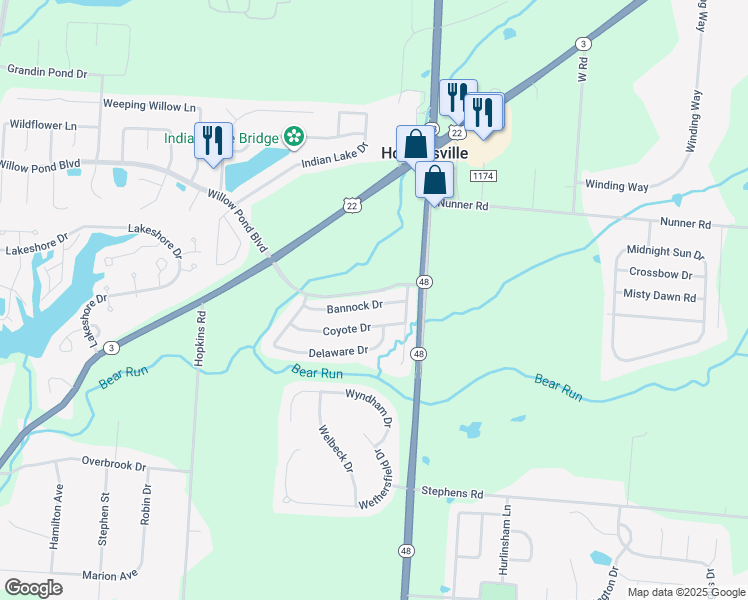 map of restaurants, bars, coffee shops, grocery stores, and more near 120 Bannock Drive in Maineville