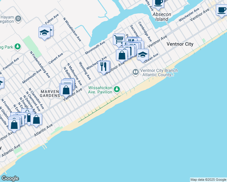 map of restaurants, bars, coffee shops, grocery stores, and more near 6802 Atlantic Avenue in Ventnor City