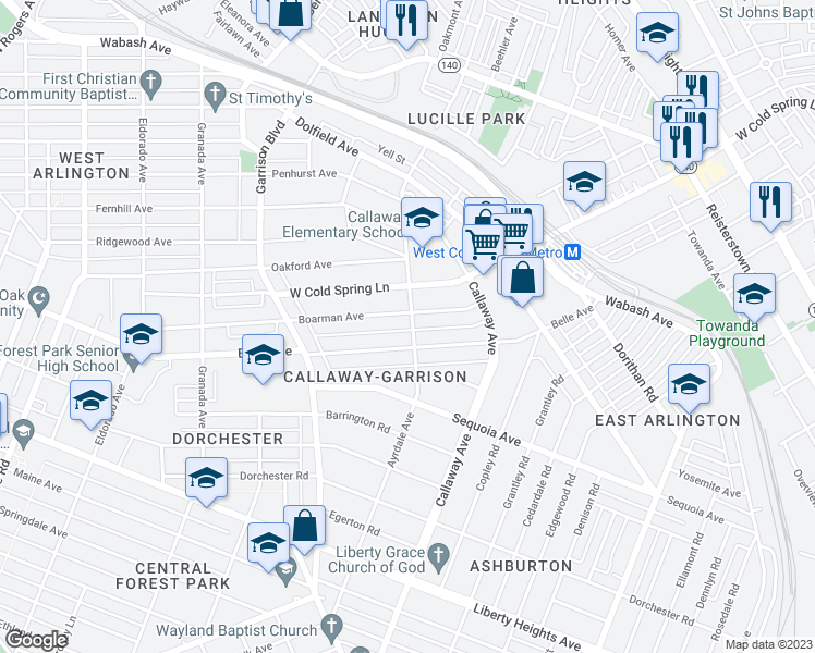 map of restaurants, bars, coffee shops, grocery stores, and more near 4006 Ayrdale Avenue in Baltimore