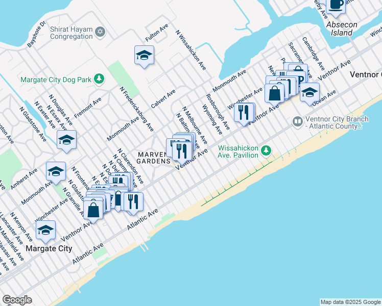 map of restaurants, bars, coffee shops, grocery stores, and more near 7 North Swarthmore Avenue in Ventnor City