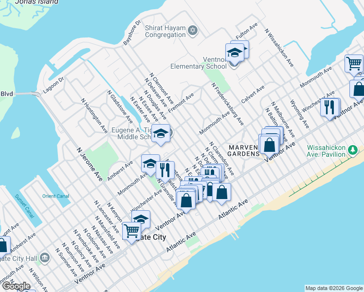 map of restaurants, bars, coffee shops, grocery stores, and more near 215 North Essex Avenue in Margate City