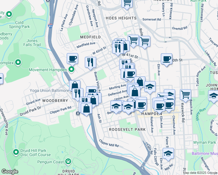 map of restaurants, bars, coffee shops, grocery stores, and more near 1330 Morling Avenue in Baltimore