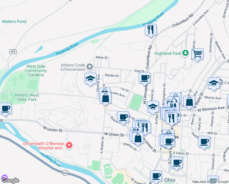 map of restaurants, bars, coffee shops, grocery stores, and more near 28 1st Street in Athens