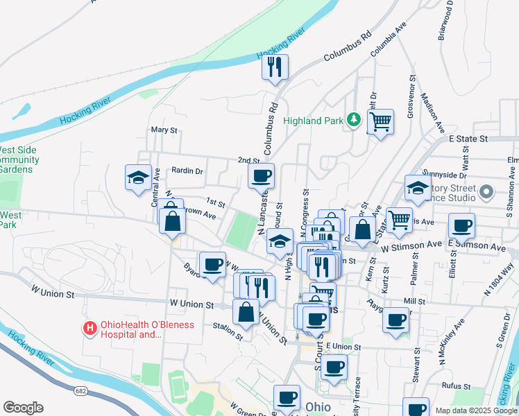 map of restaurants, bars, coffee shops, grocery stores, and more near 91N North Lancaster Street in Athens