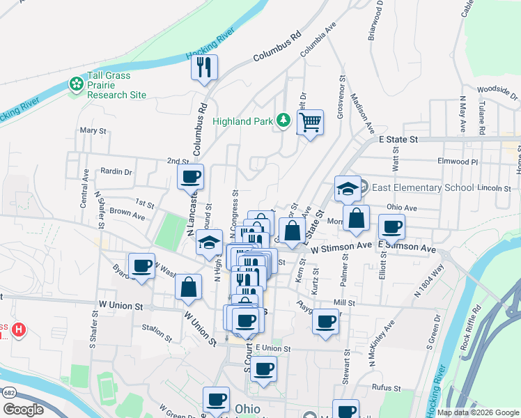 map of restaurants, bars, coffee shops, grocery stores, and more near 61 Fairview Avenue in Athens