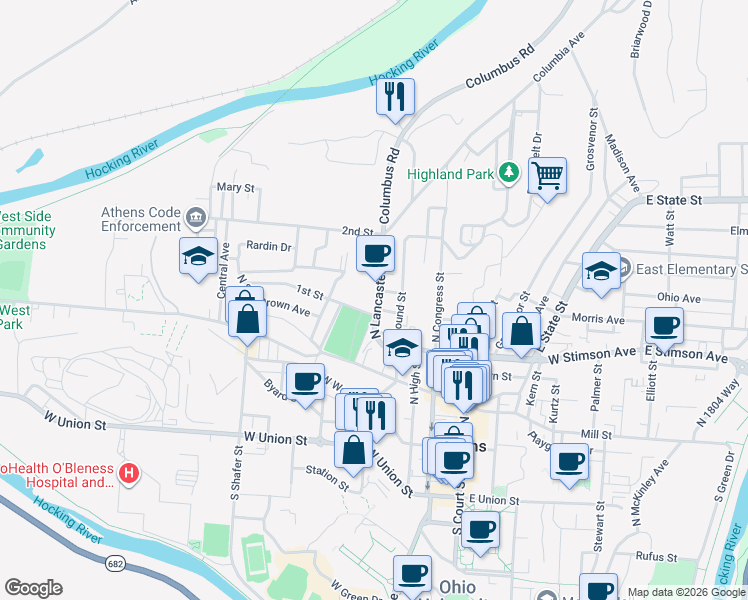 map of restaurants, bars, coffee shops, grocery stores, and more near 91N North Lancaster Street in Athens