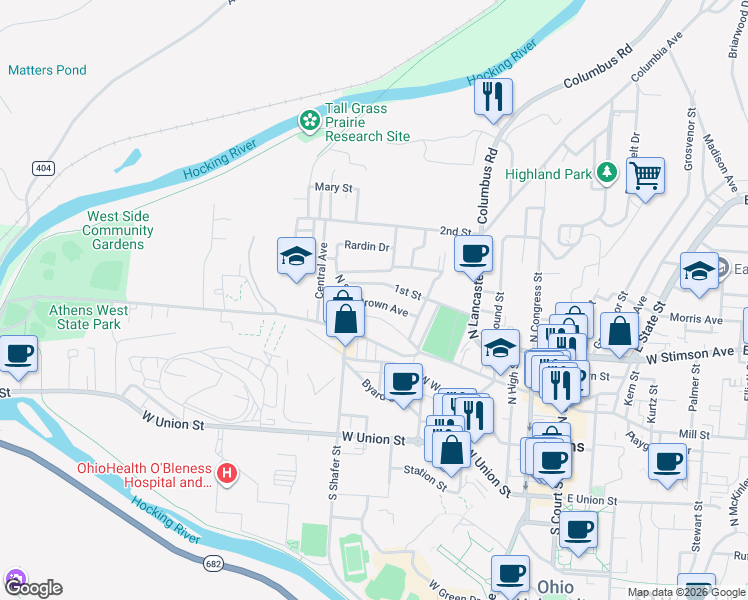 map of restaurants, bars, coffee shops, grocery stores, and more near 28 1st Street in Athens