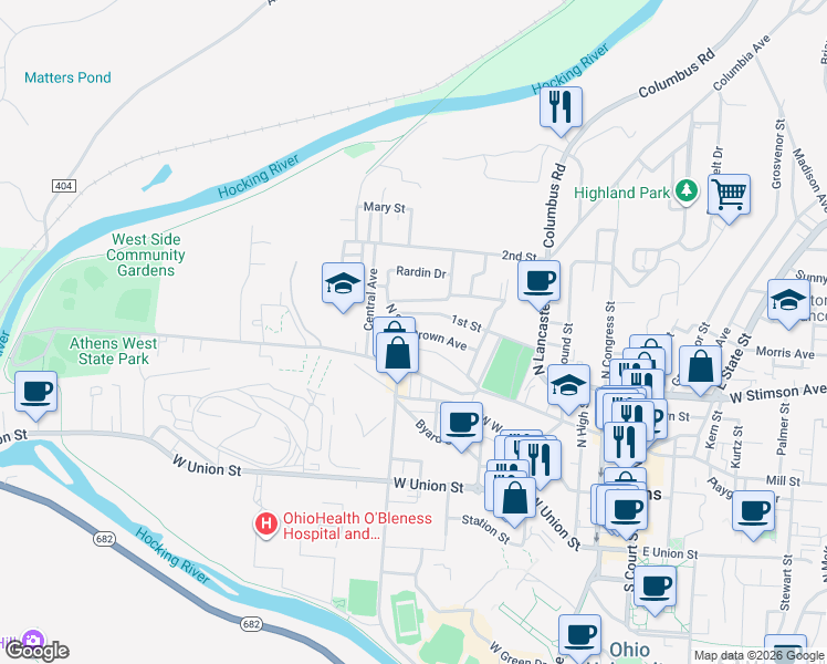map of restaurants, bars, coffee shops, grocery stores, and more near 8 1st Street in Athens