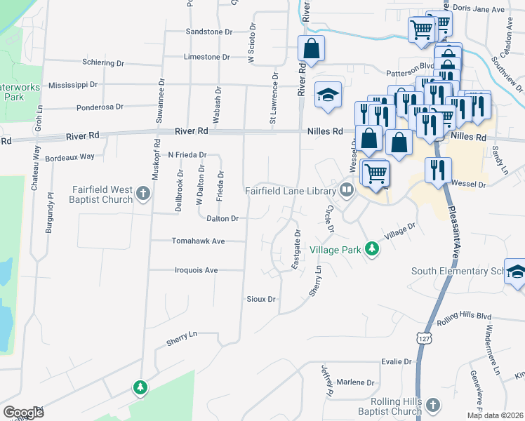 map of restaurants, bars, coffee shops, grocery stores, and more near 5358 Tallawanda Drive in Fairfield
