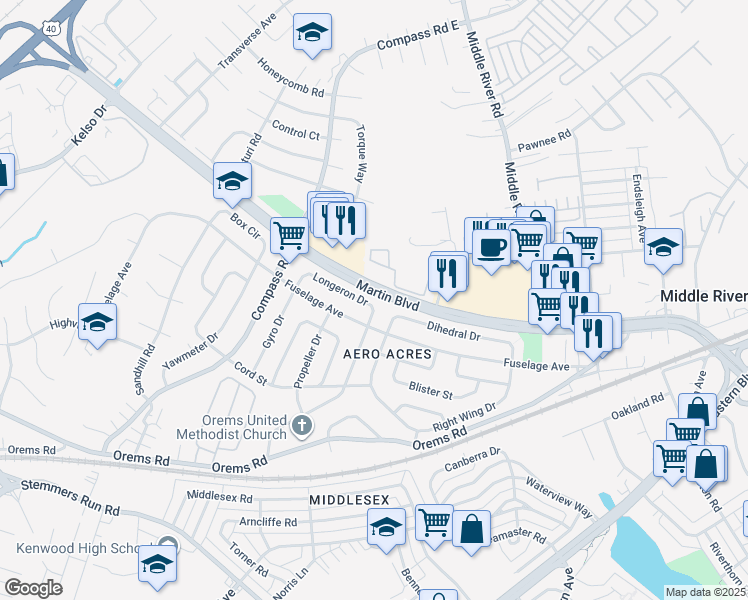map of restaurants, bars, coffee shops, grocery stores, and more near 45 Longeron Drive in Middle River