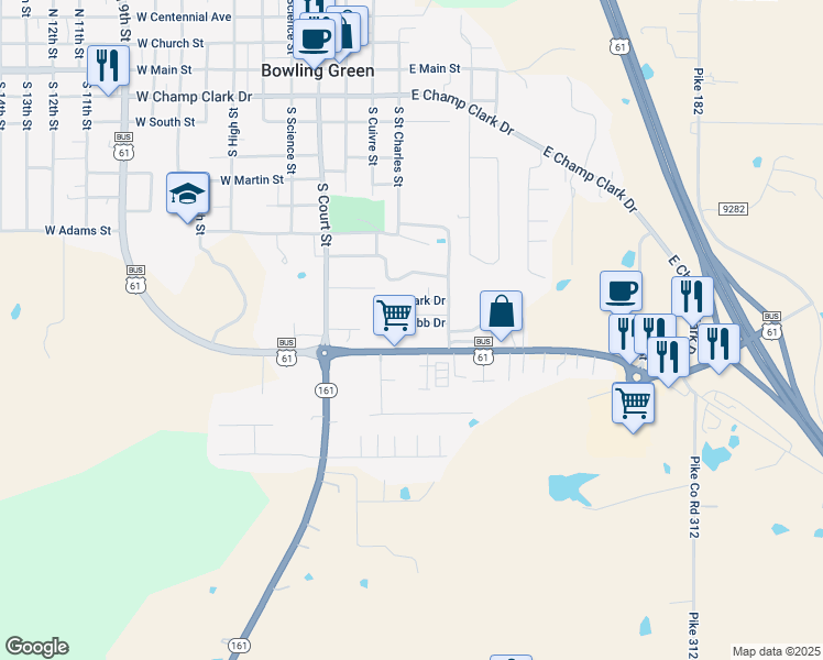 map of restaurants, bars, coffee shops, grocery stores, and more near 19 Bibb Drive in Bowling Green