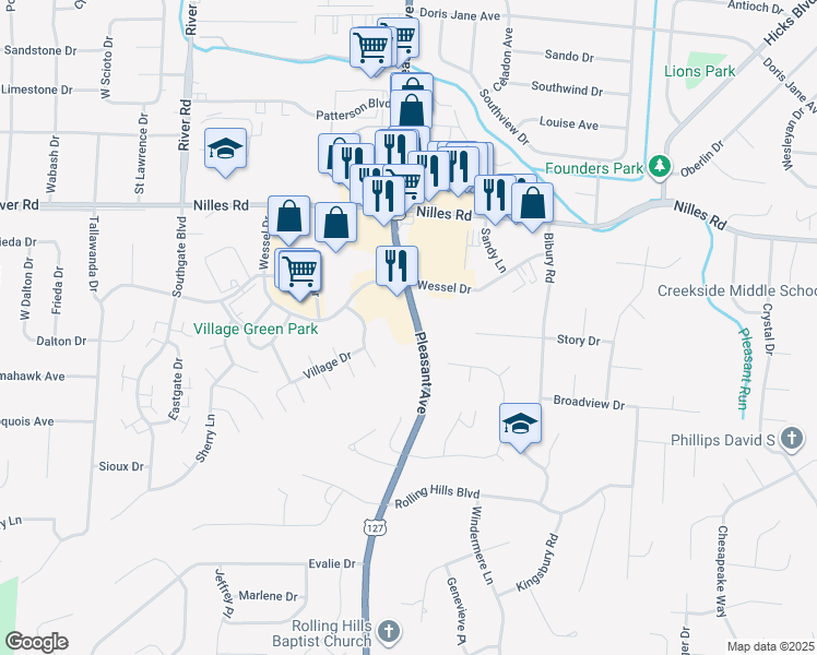 map of restaurants, bars, coffee shops, grocery stores, and more near 5333 Pleasant Avenue in Fairfield