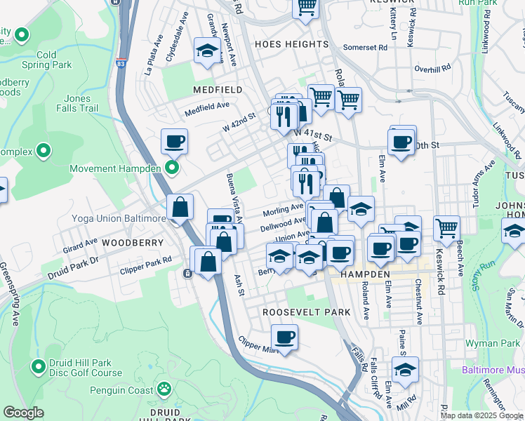 map of restaurants, bars, coffee shops, grocery stores, and more near 1330 Morling Avenue in Baltimore