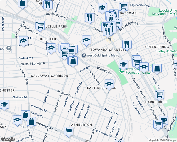 map of restaurants, bars, coffee shops, grocery stores, and more near 3928 Bareva Road in Baltimore