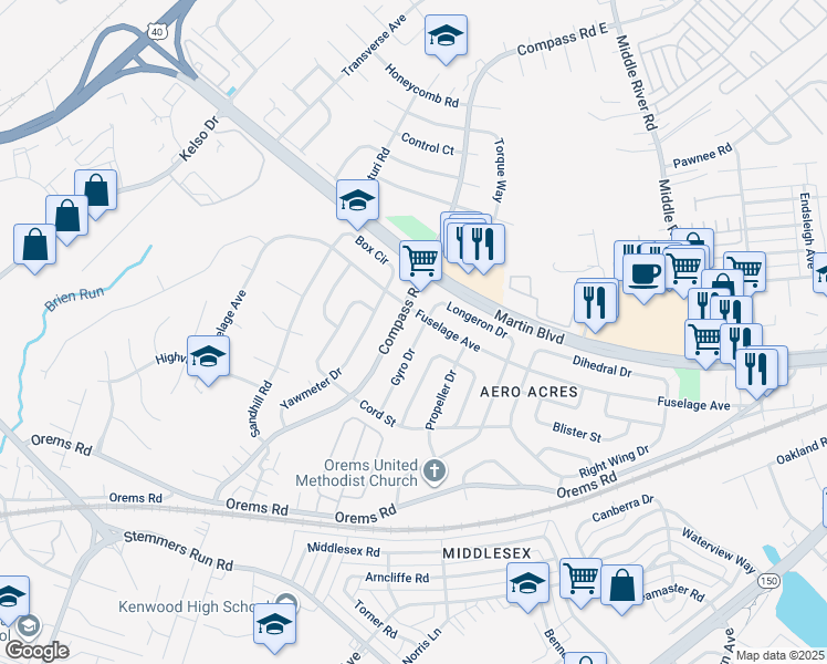 map of restaurants, bars, coffee shops, grocery stores, and more near 6 Gyro Drive in Middle River