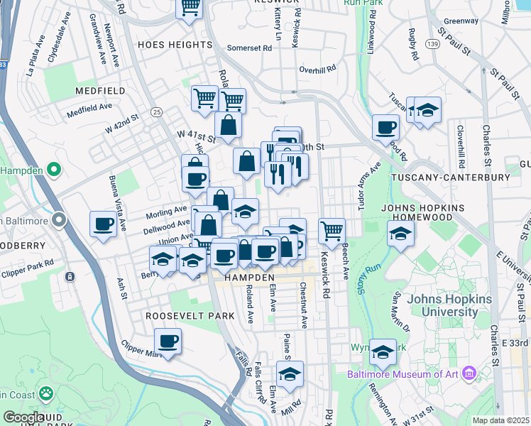 map of restaurants, bars, coffee shops, grocery stores, and more near 905 West 38th Street in Baltimore