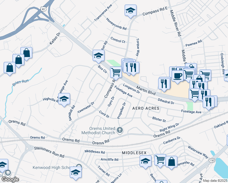 map of restaurants, bars, coffee shops, grocery stores, and more near 6 Gyro Drive in Middle River